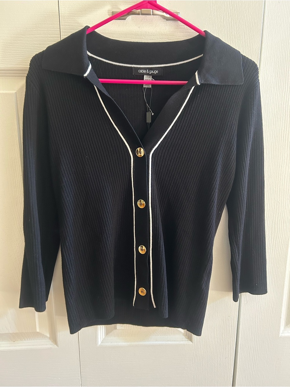 Cable & Gauge Black Ribbed Button-Front Top with White Trim